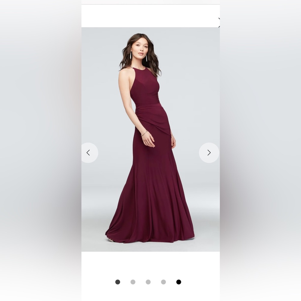 David’s Bridal Merlot Jersey High Neck Dress with Crystal Straps